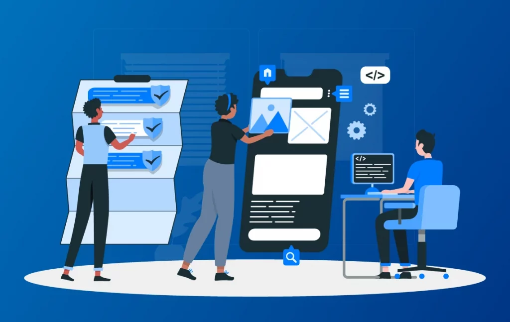 Illustration shows three specialists working together on system integration and optimization.