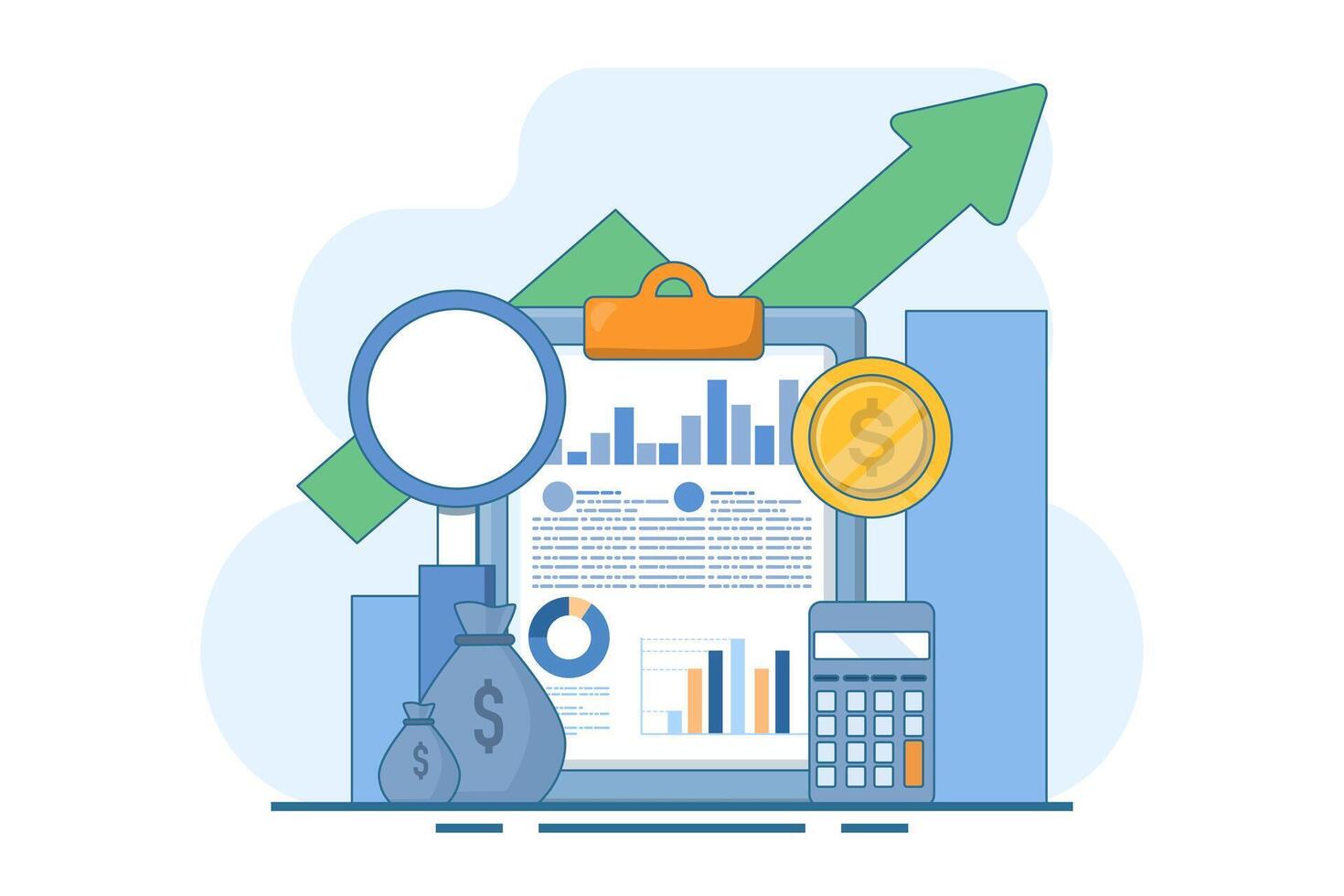 Illustration of financial data with money, magnifying glass, calculator, and upward arrow representing expansion.