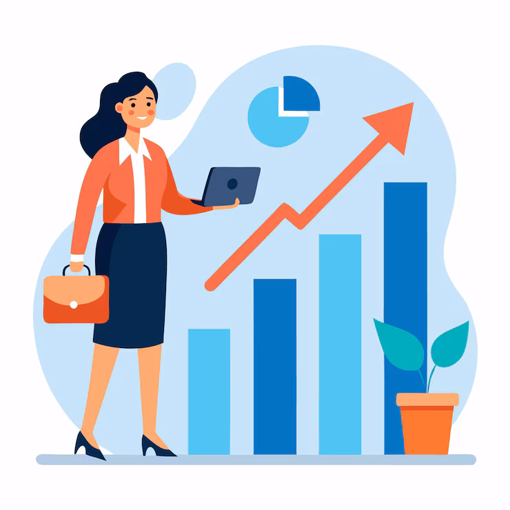 Illustration of a lady next to an upward development chart, representing achievement and advancement.