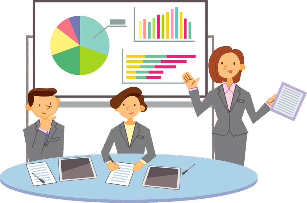Three coworkers analyze data on a TV screen that displays business graphs.
